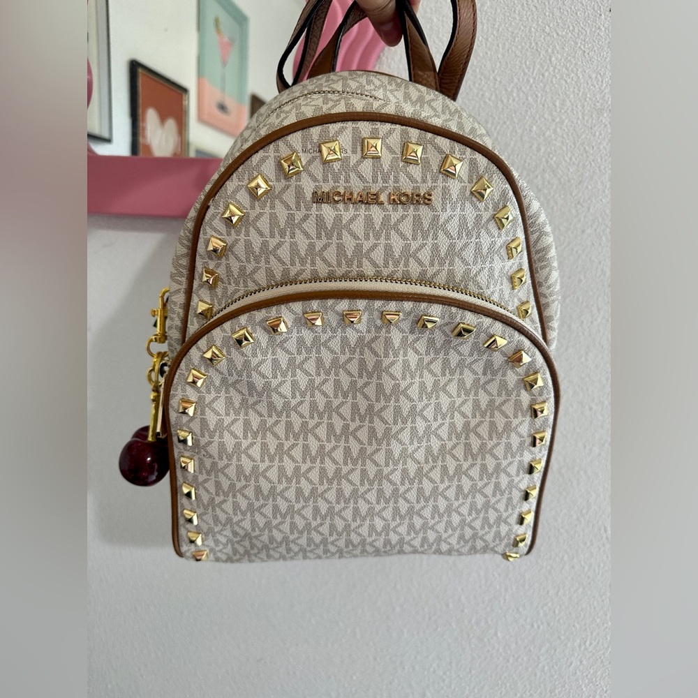 Michael Kors Abbey Medium Studded Leather Canvas Backpack